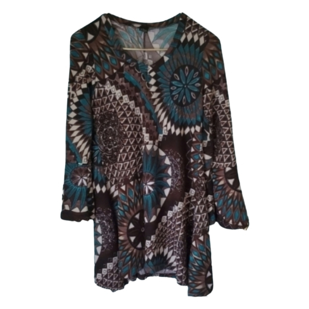 WIN WIN Turquoise & Brown Womens Small Long Top ¾ Flair Sleeves pullover